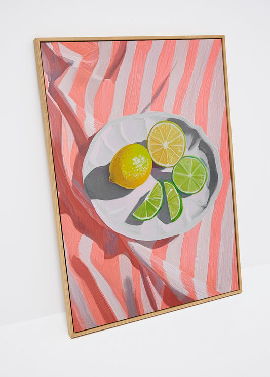 Canvas print with lemon and lime slices on red-striped fabric – Slice of Lemon by HelloPoster