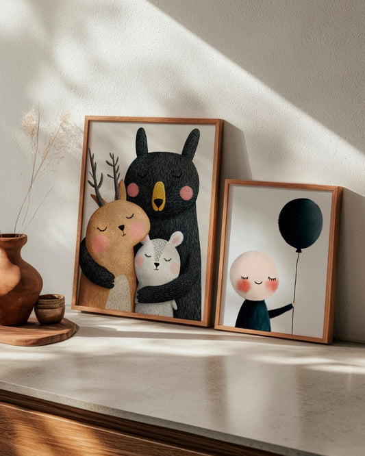 Charming HelloPoster duo: 'Ben's Balloon' with a cheerful child and 'BBF' showing a bear, deer, and rabbit in a loving hug. Nordic-inspired posters for children's rooms or cozy family spaces.