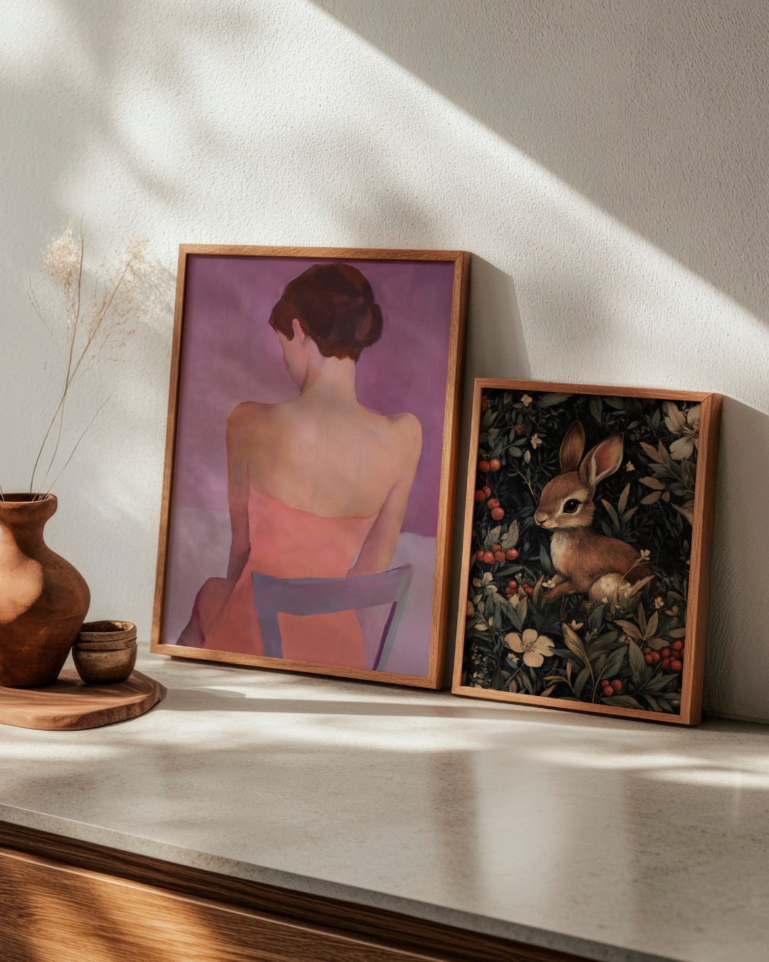 Scandinavian wall decor with two HelloPoster prints: the elegant 'Ballroom' poster in pink and purple tones, and 'Honey Bunny' with a rabbit in a whimsical floral forest. A beautiful art pairing for the living room.