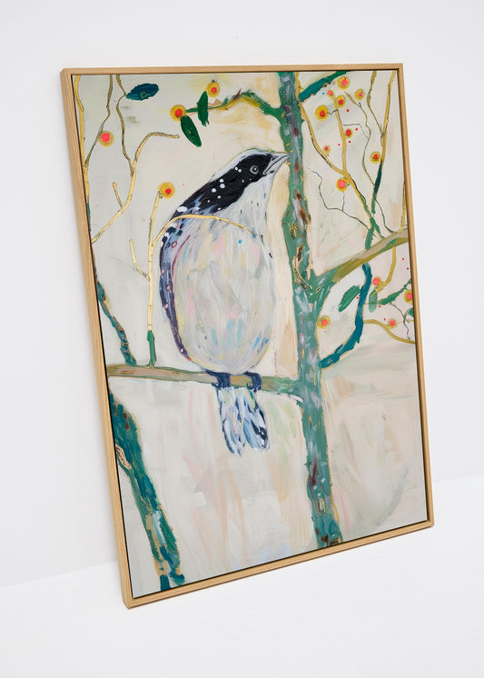 Bird No. 3 canvas print with artistic bird illustration in soft pastels and green branches – modern wall art in large format
