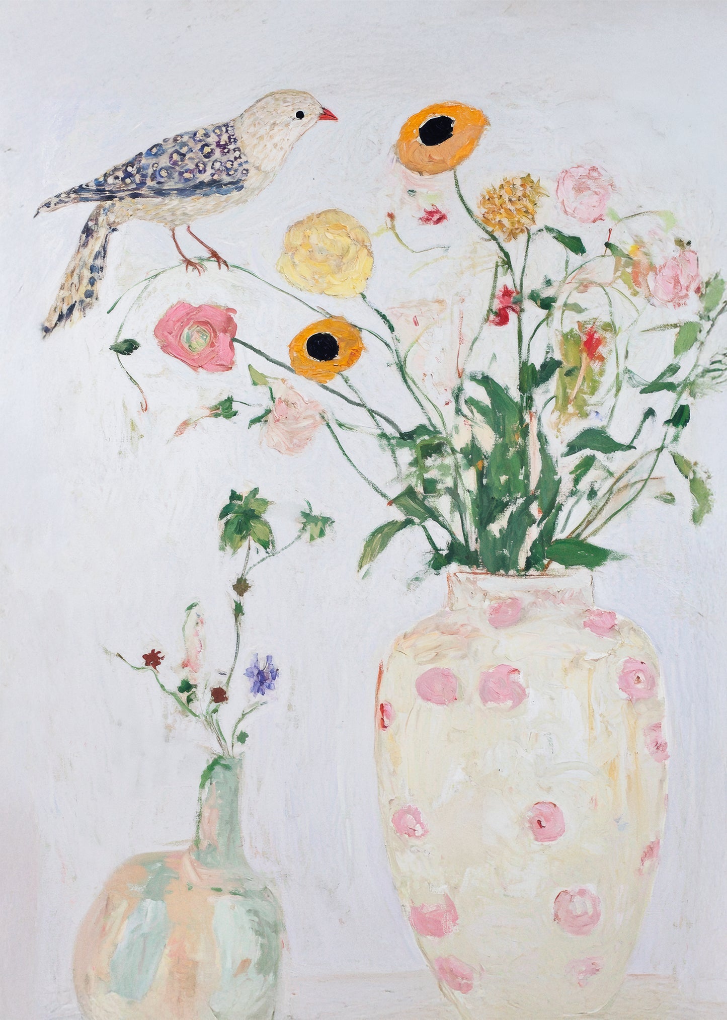 Bird no. 1 - featuring a painted bird and pastel flowers on a white background