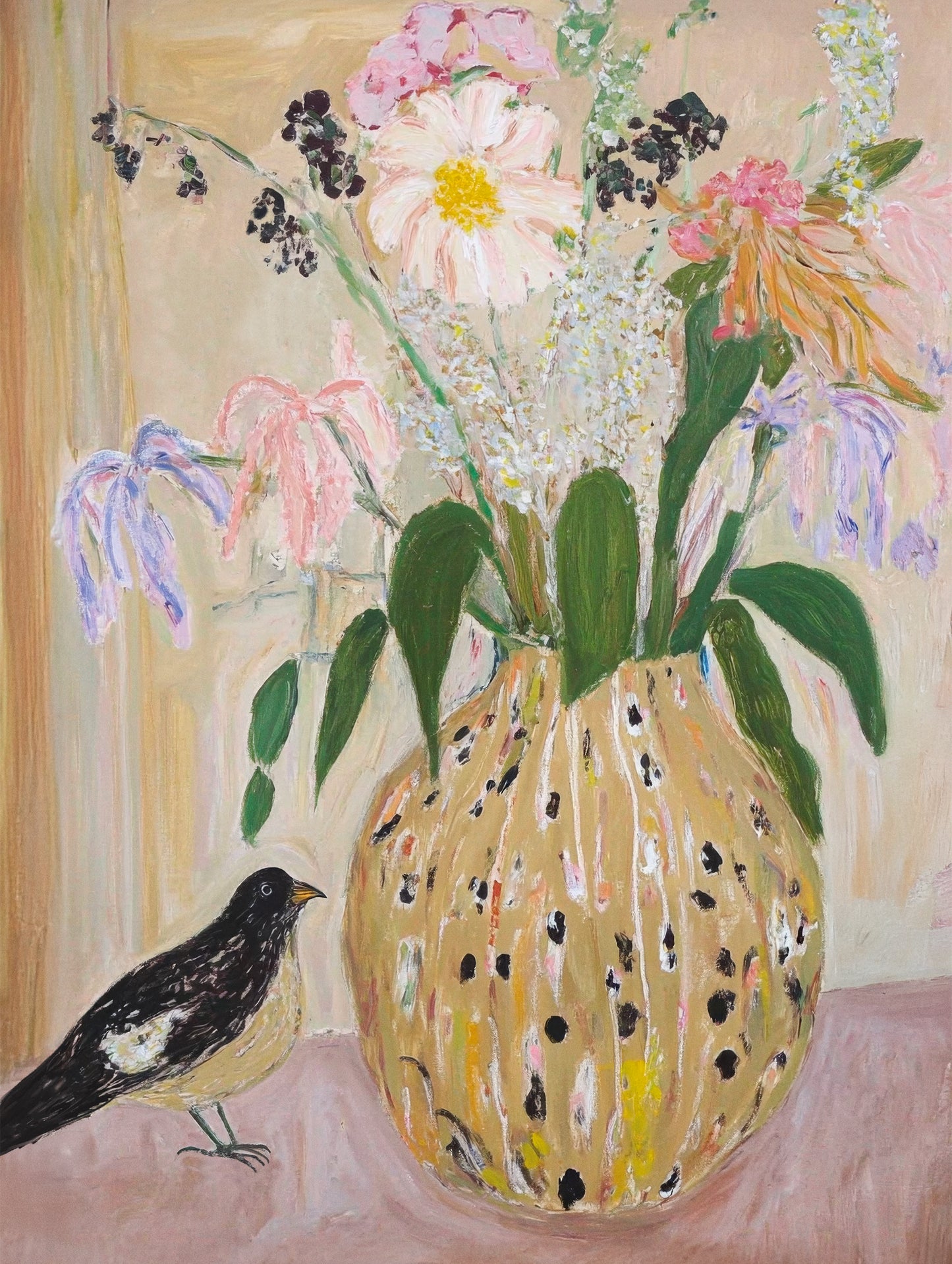 “Bird no. 2” featuring a bird and wildflowers in a yellow vase with dotted pattern – soft pastel tones and botanical charm.