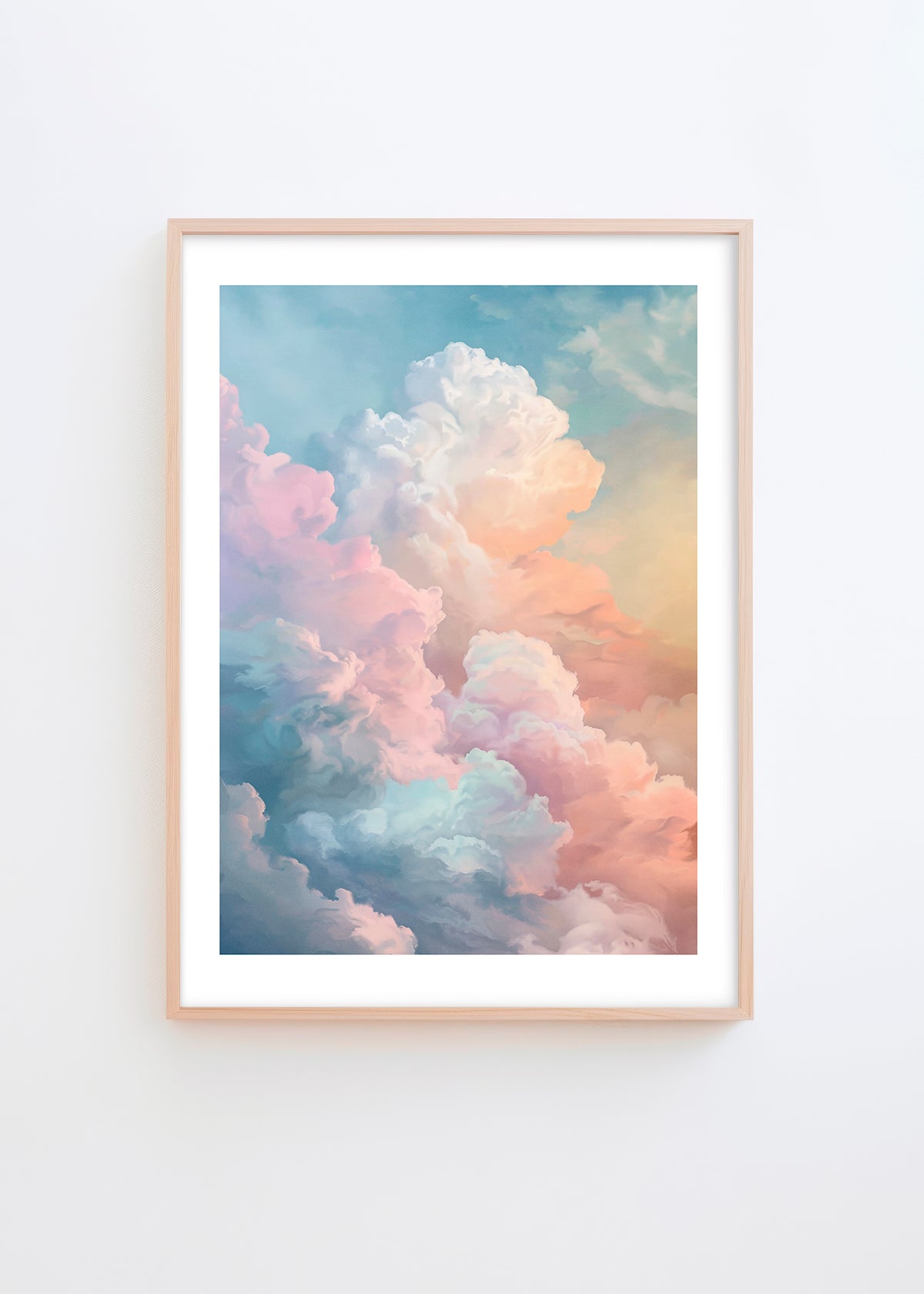 Dreamy cloud art poster featuring soft pastel hues of pink, blue, and peach, creating a tranquil and serene sky scene. Perfect for calming home decor.