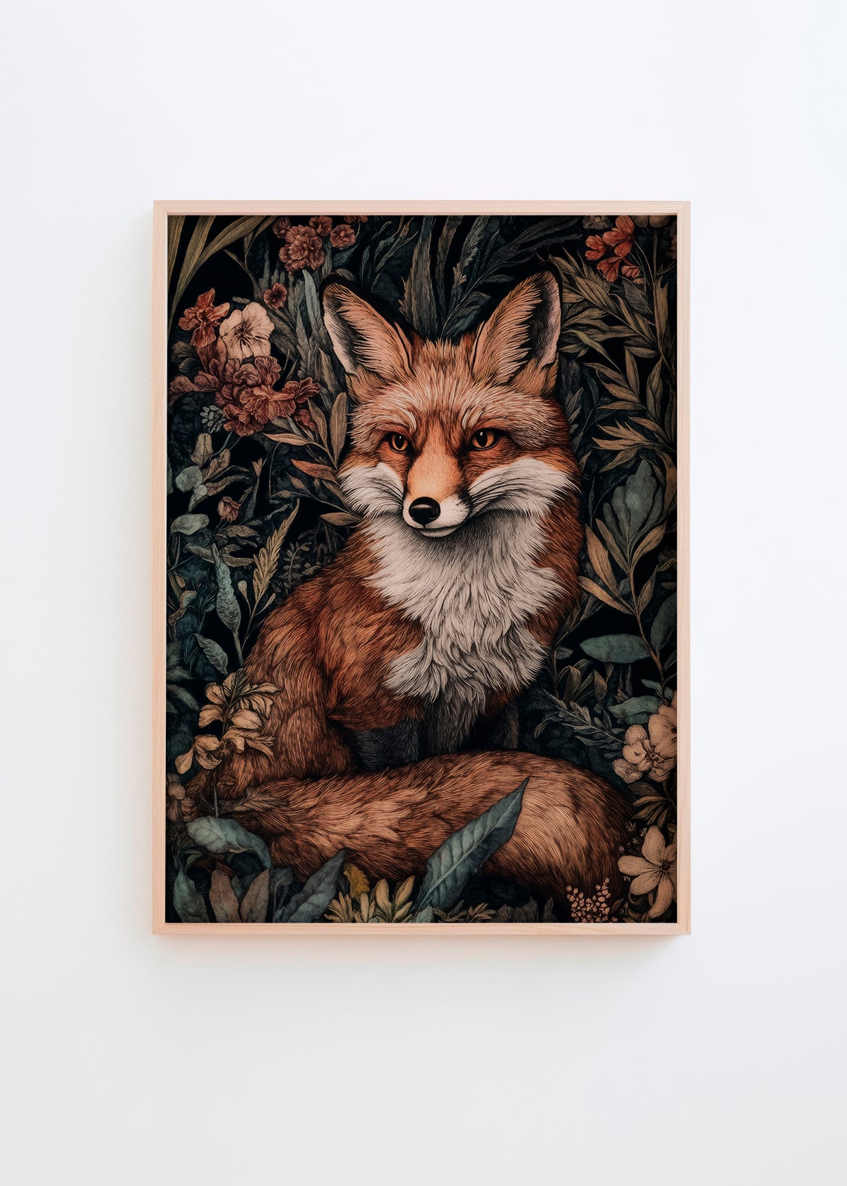 llustrated poster of a red fox sitting gracefully among detailed forest plants and flowers, with rich earthy tones and a dark backdrop.