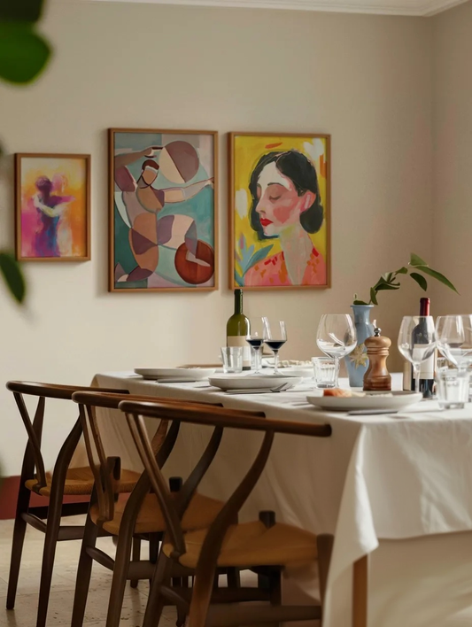 HelloPoster - Gallery wall above a dining table featuring three framed posters: Hold Me, Athlete, and Lovely Lady, with soft light and an elegant table setting.