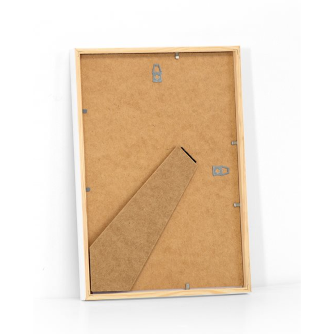 Back view of white A4 wooden frame with wall and tabletop mounting options
