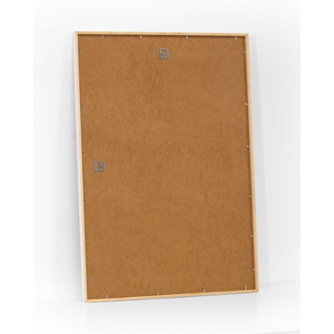 Back view of white 50x70 cm wooden frame with hanging hardware