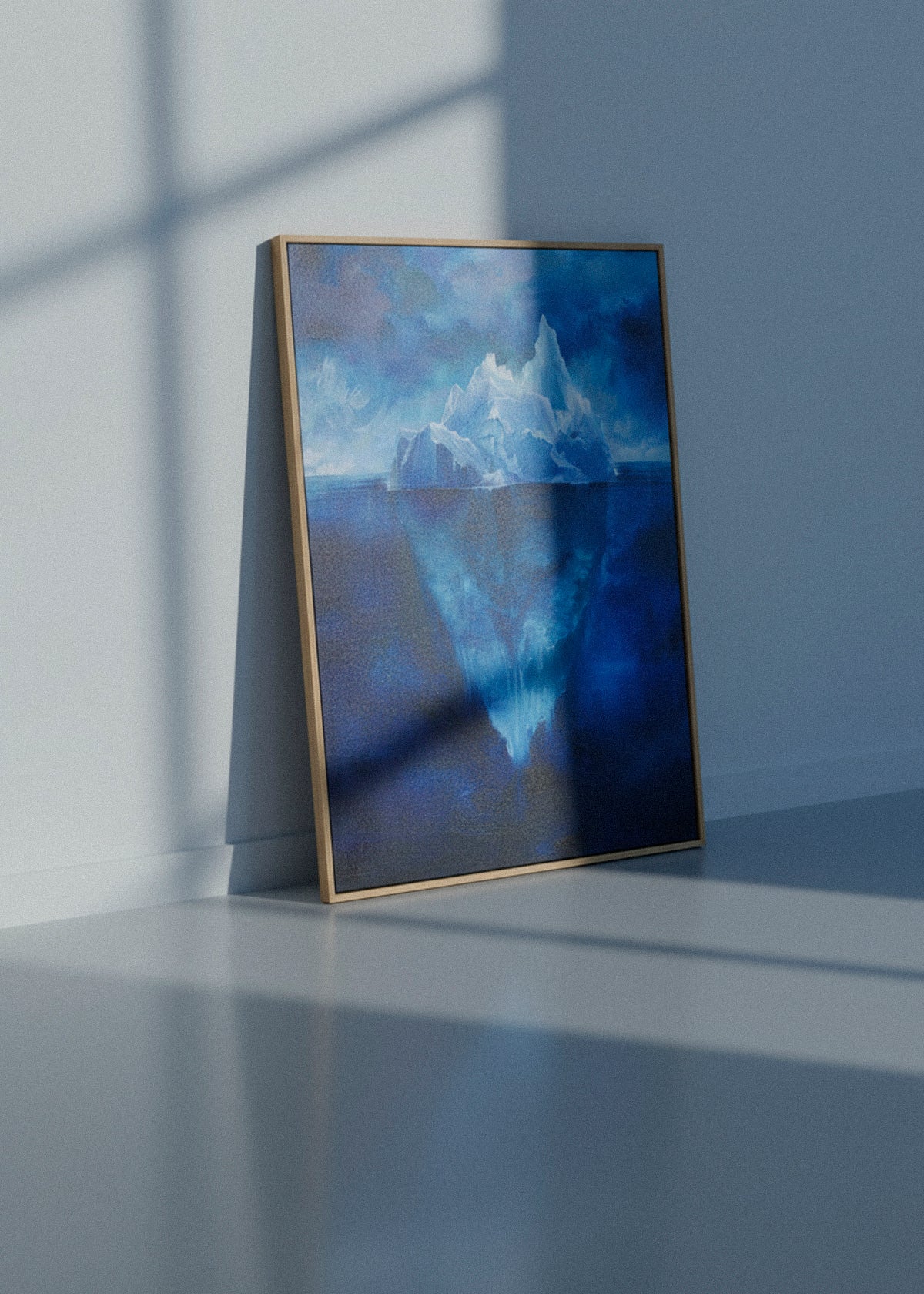Iceberg Night canvas resting on a sunlit floor, deep blue Arctic iceberg art in minimalist Scandinavian interior – HelloPoster.