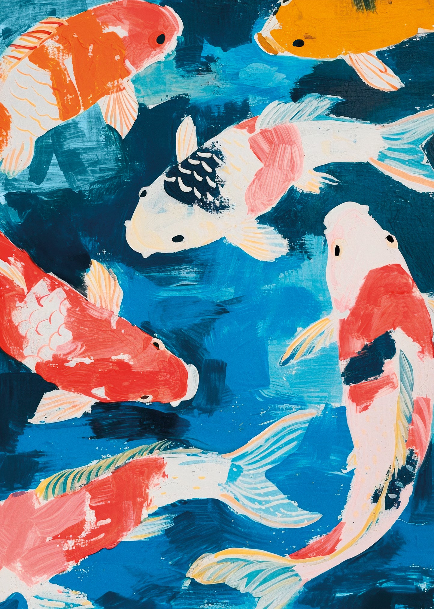 Colorful koi fish poster with deep blue background and vibrant orange, red, and white fish – Japanese-inspired wall art