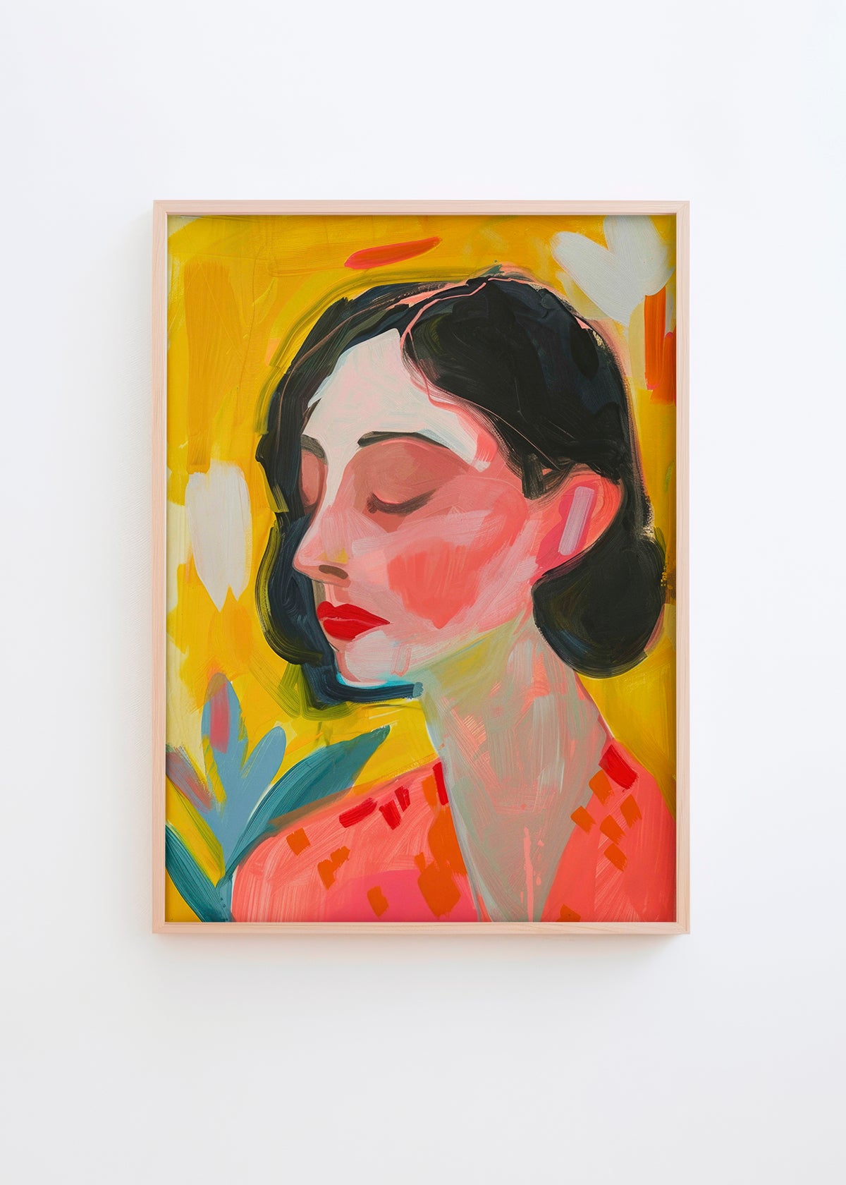 Lovely Lady - HelloPoster - Framed poster of a stylized woman with dark hair and closed eyes on a vibrant yellow background, accented with red and coral tones.
