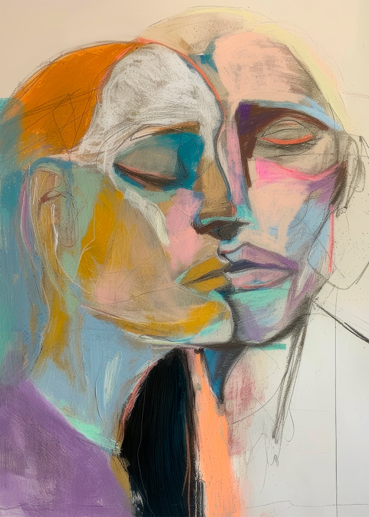 An abstract art canvas titled "Lovers," featuring two intertwined faces in soft brushstrokes, blending blue, orange, purple, and beige tones to convey a sense of connection and intimacy.