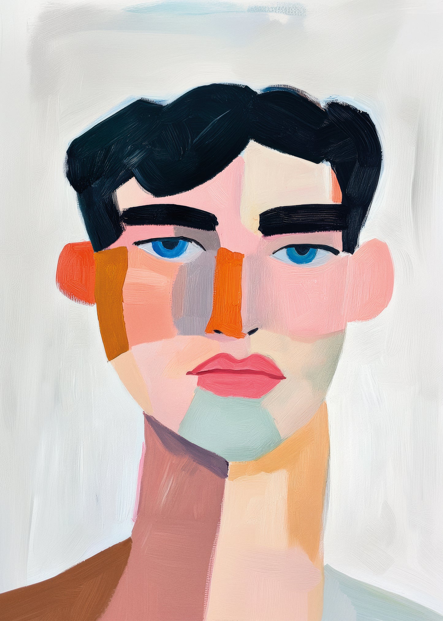 Artwork Male featuring a colorful abstract male face in pink, orange and teal tones against a soft background.
