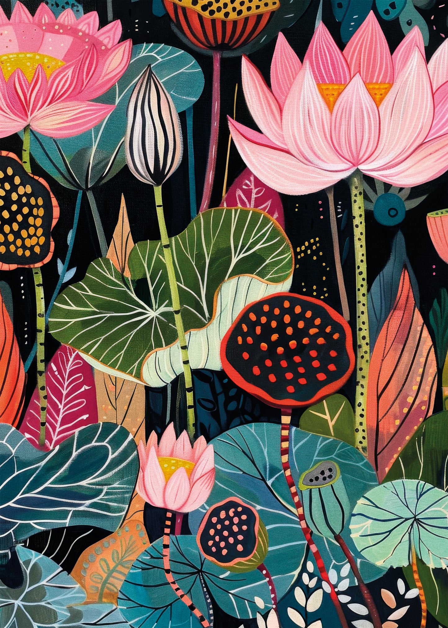 Close-up of the Midnight Flower poster featuring vibrant lotus flowers and leaves against a dark background