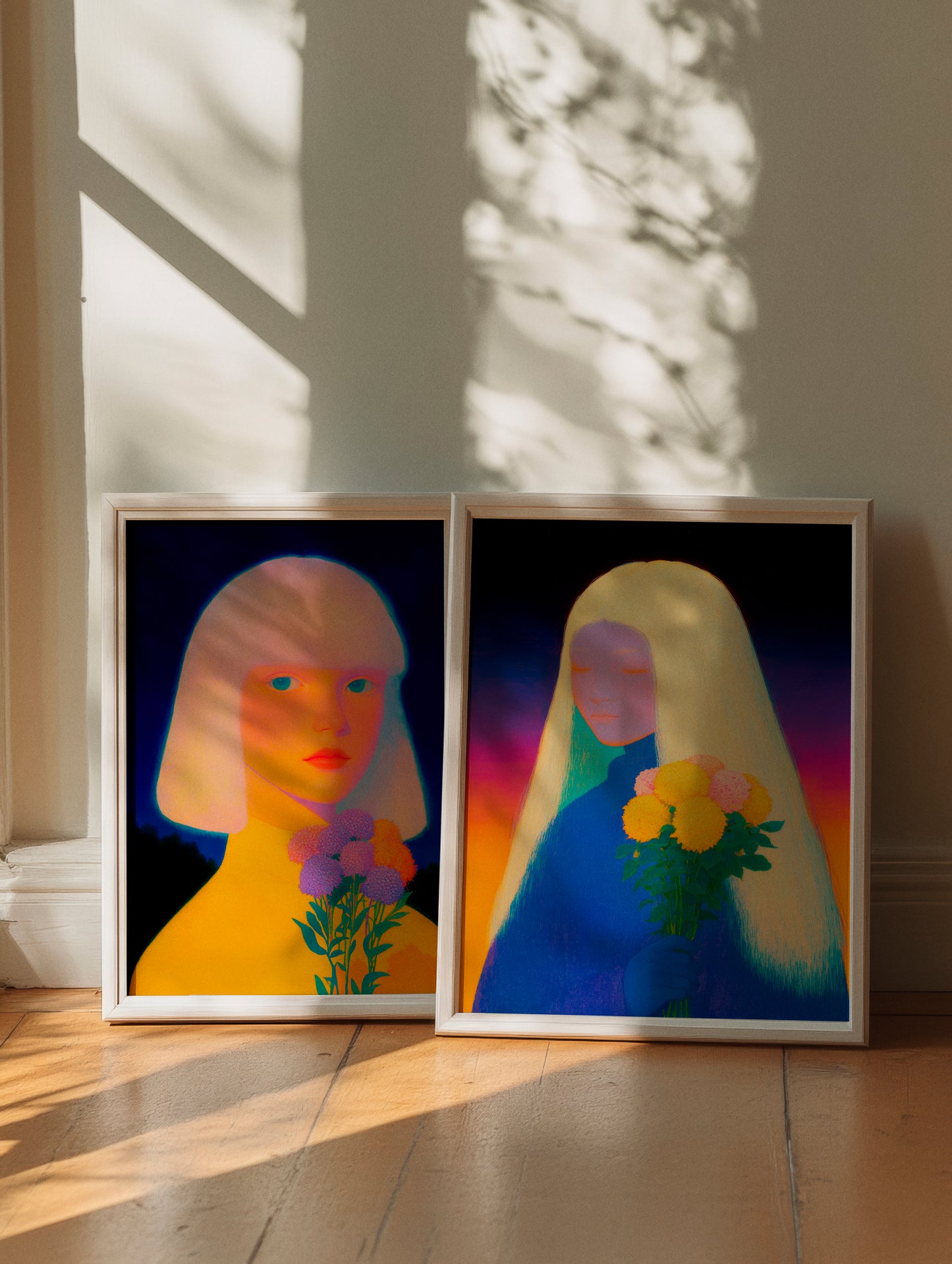 Neon Girl and Purple Glow posters displayed side by side, featuring vibrant, dreamlike portraits with striking neon hues. Each figure holds a bouquet of flowers, their luminous tones beautifully contrasted against deep, shadowy backgrounds. The natural light streaming through a window casts playful shadows, enhancing the vivid and surreal atmosphere of the artwork.