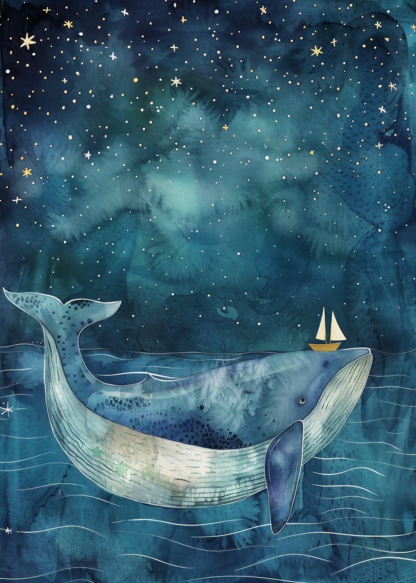 Poster of a dreamy whale with a sailboat on its nose under a starry night sky in deep blue tones.