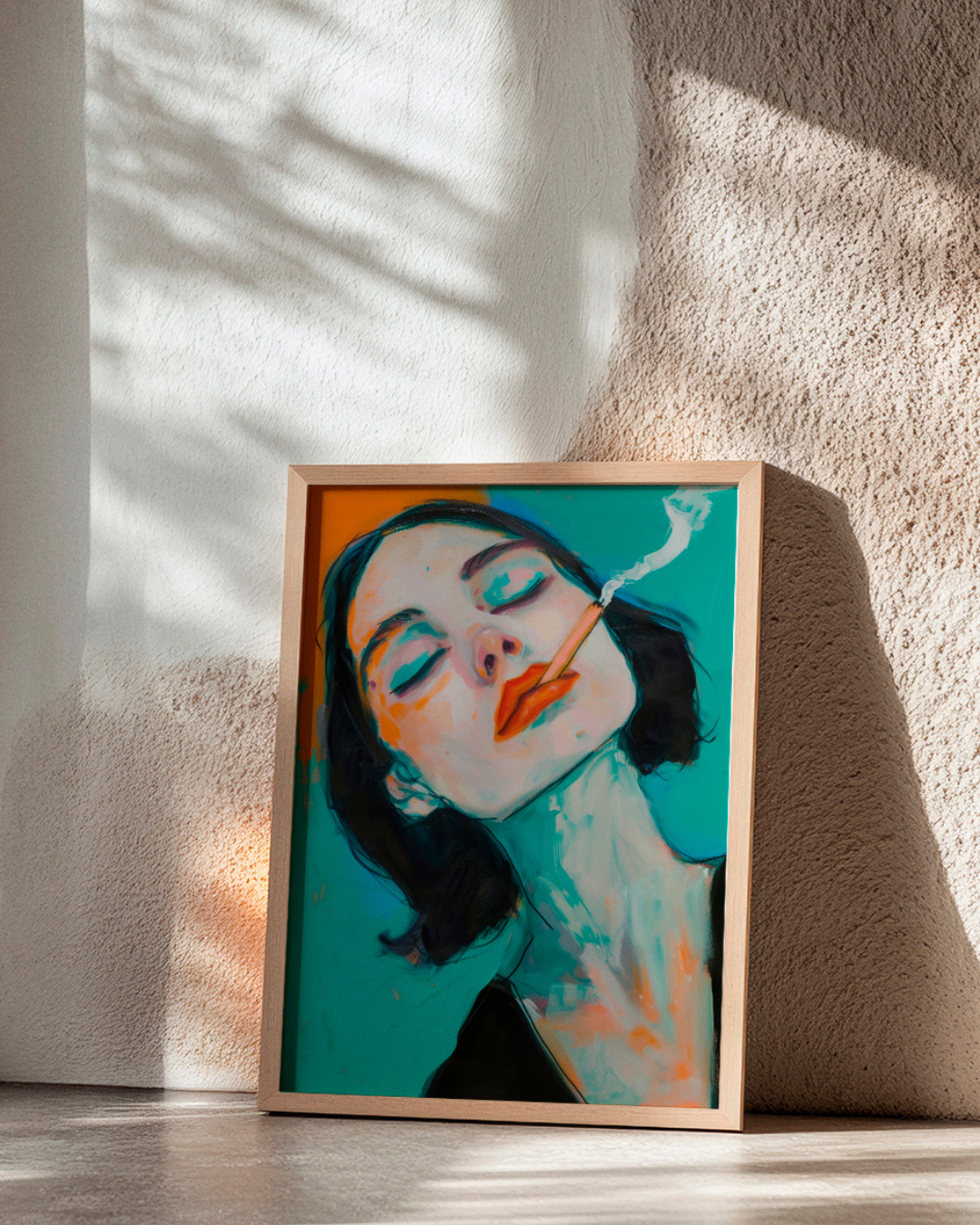Bold 'Rebel' poster featuring a woman smoking, leaning against a textured wall in warm morning light.
