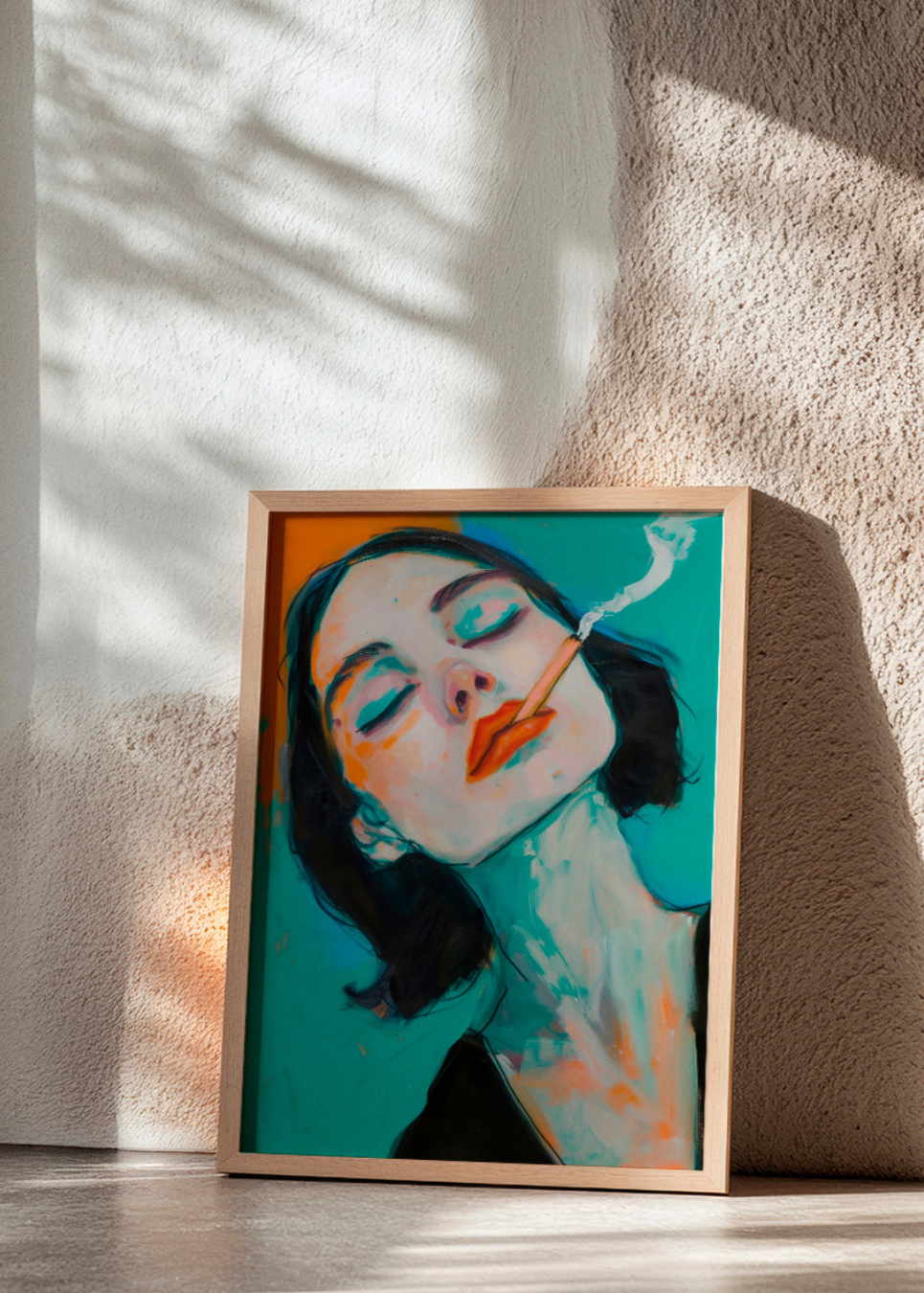 Bold 'Rebel' poster featuring a woman smoking, leaning against a textured wall in warm morning light.