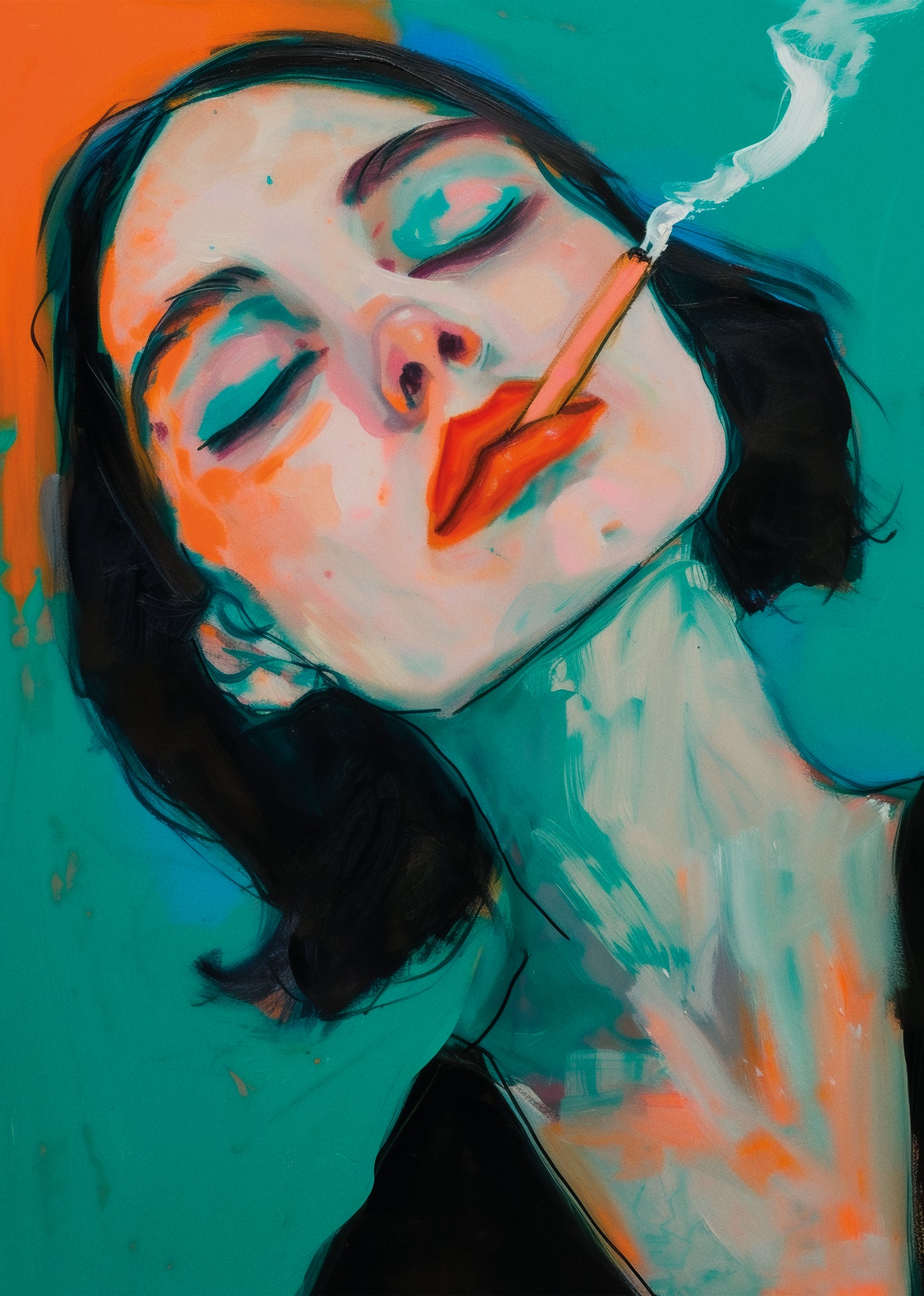 Poster with a portrait of a woman with red lips and cigarette, painted in bold teal and orange tones on a green background.