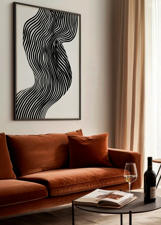 River - HelloPoster - Framed River poster hanging above a burnt orange velvet sofa in a cozy living room