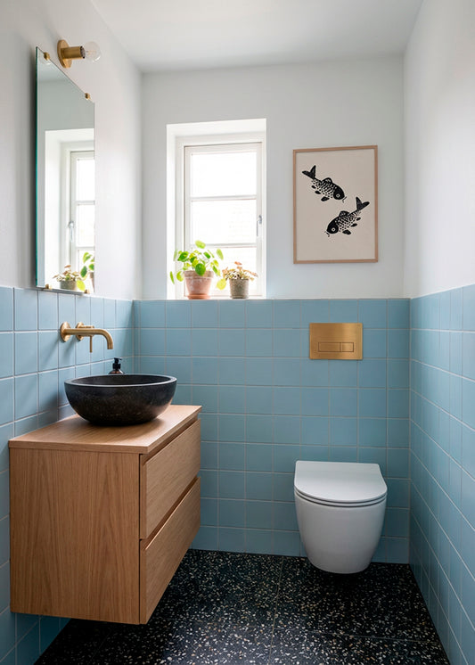 Sakana poster in blue bathroom