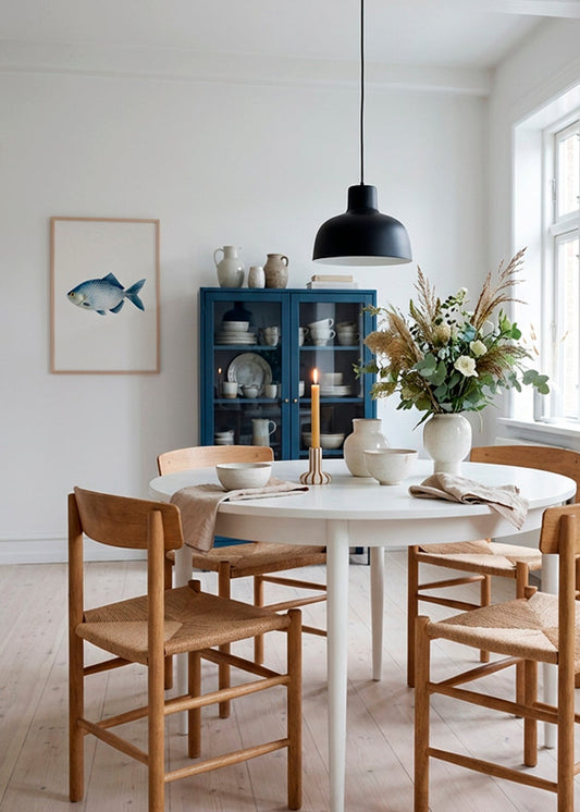 The Blue Fish art print in oak frame on white wall in modern Scandinavian dining room with round table, wooden chairs, blue cabinet and natural decor