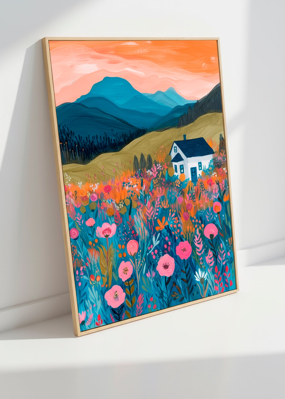 Bright canvas artwork of a white house in a mountain landscape with pink and blue flowers, leaning against a white wall in soft light.