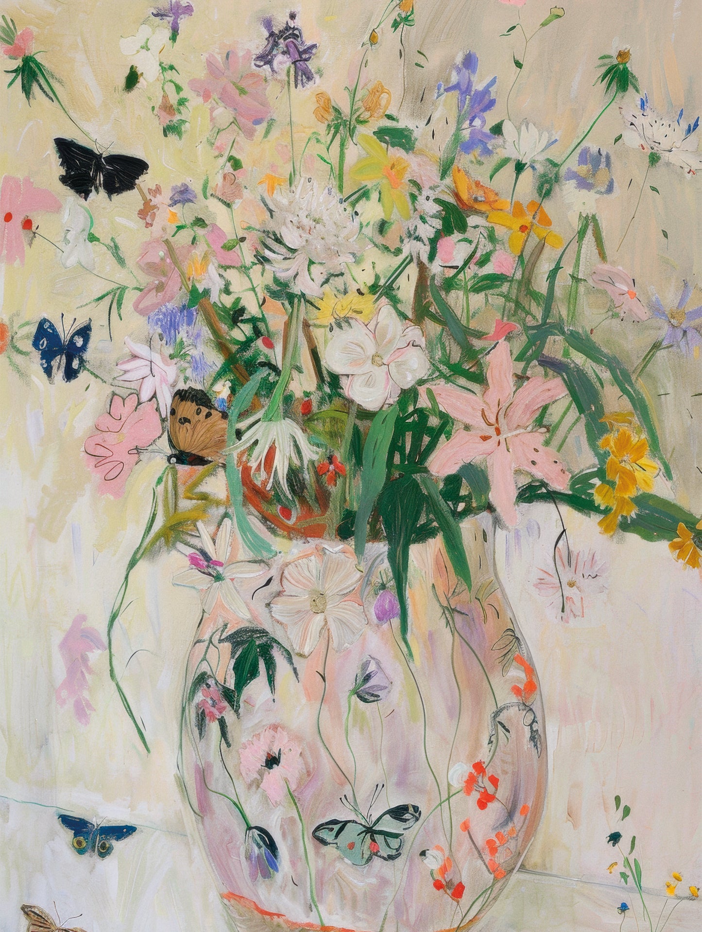 Wild Garden with colorful wildflowers and butterflies in a soft pastel vase
