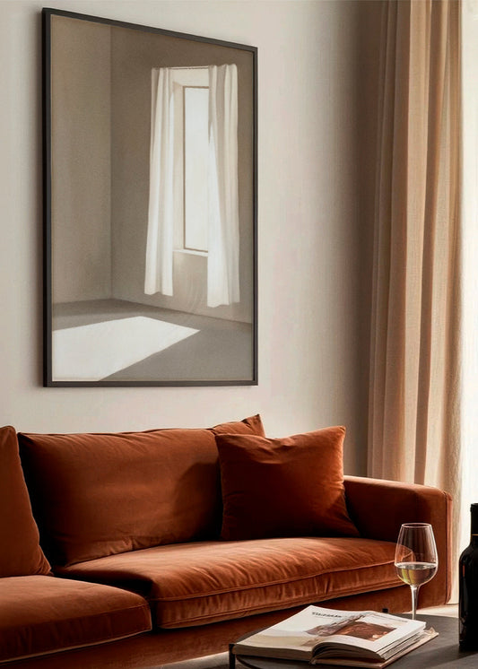 Window - HelloPoster - Poster Window on the wall above a rust-colored sofa in a bright, elegant living room with soft sunlight