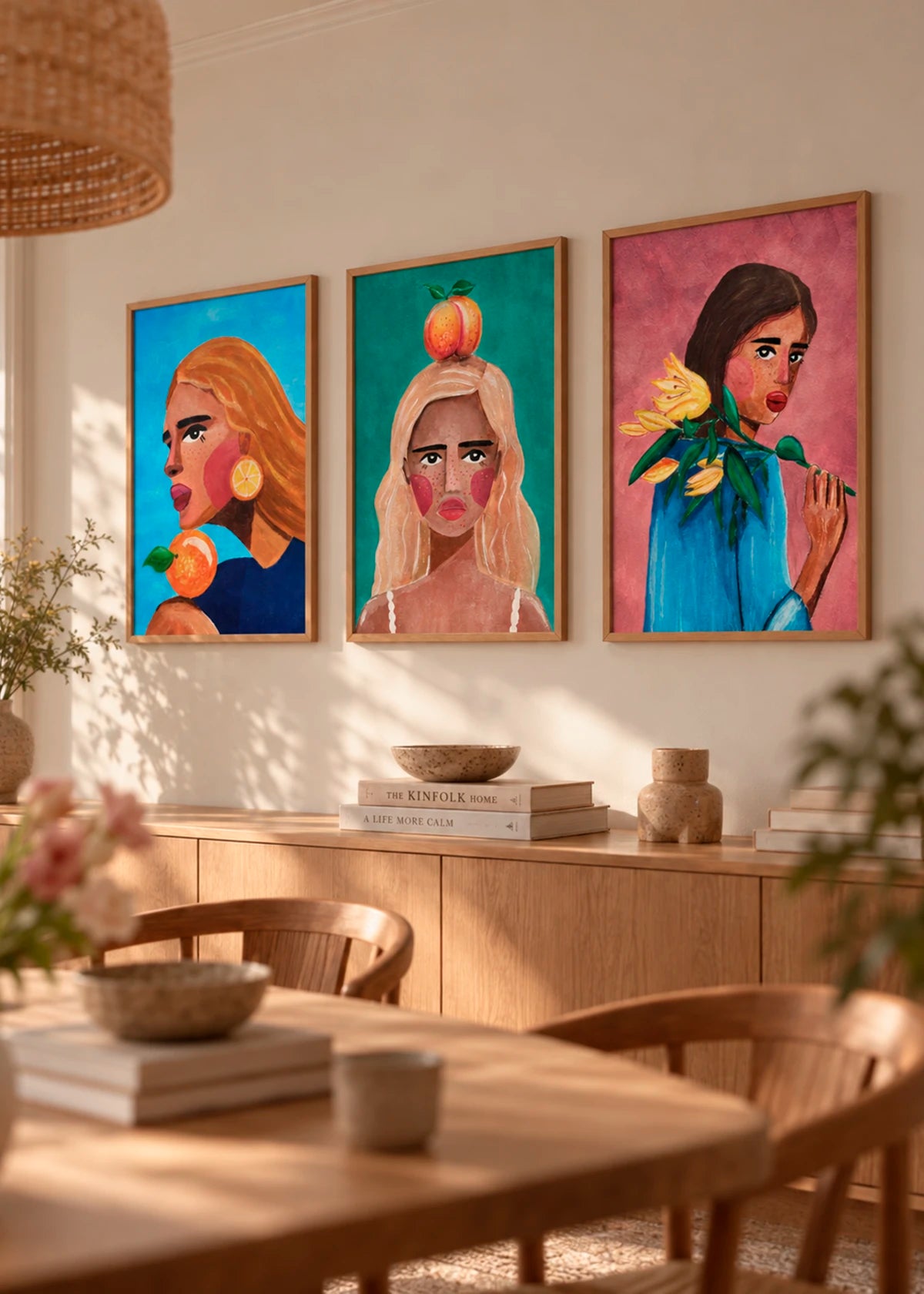Tre farverige portræt plakater af Raissa Oltmanns – Woman With Orange, Woman With Peach og Woman With Lily – i mørke trærammer på lys væg.