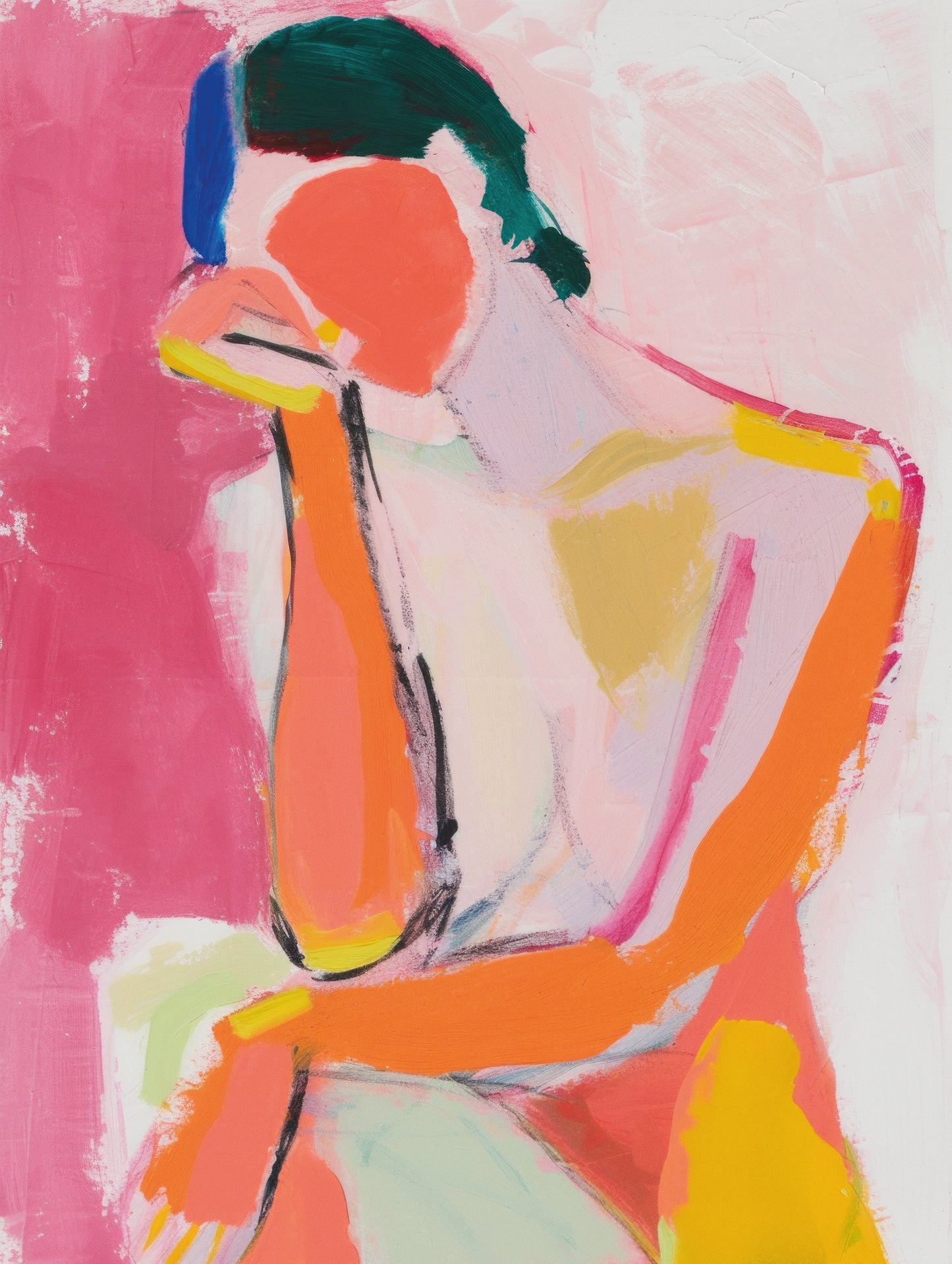 Feminine with a stylized abstract female figure in bright pink, orange and yellow tones, perfect for modern interior design