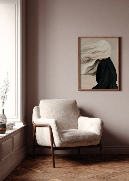 Windy poster in scandinavian living room i dark tones
