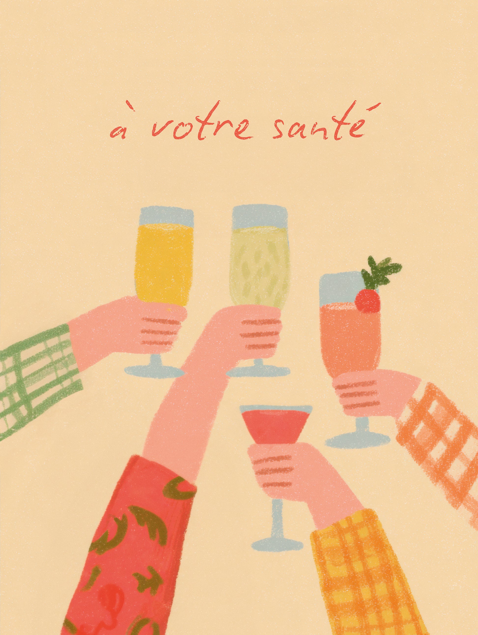 Illustration poster with five hands raising colourful drinks under the French text “à votre santé” on a warm beige background – ideal for kitchen or dining room.