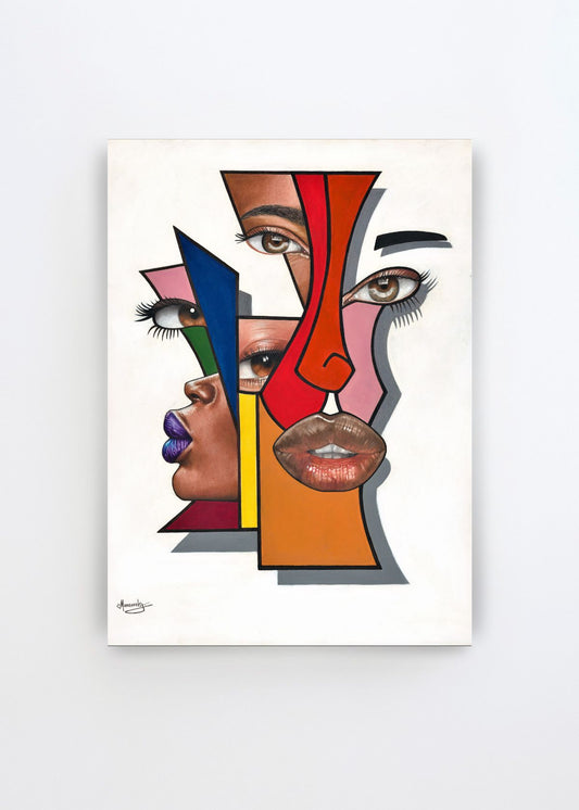 Abstract Geometric Faces af Manasseh Johnson Sr. – farverig abstrakt plakat med geometriske ansigter, øjne og læber i rød, blå, gul, grøn og orange.