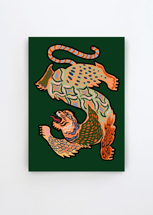 Asiantiger Green by Arty Guava – bold art poster featuring a stylized Asian tiger illustration on a deep green background.