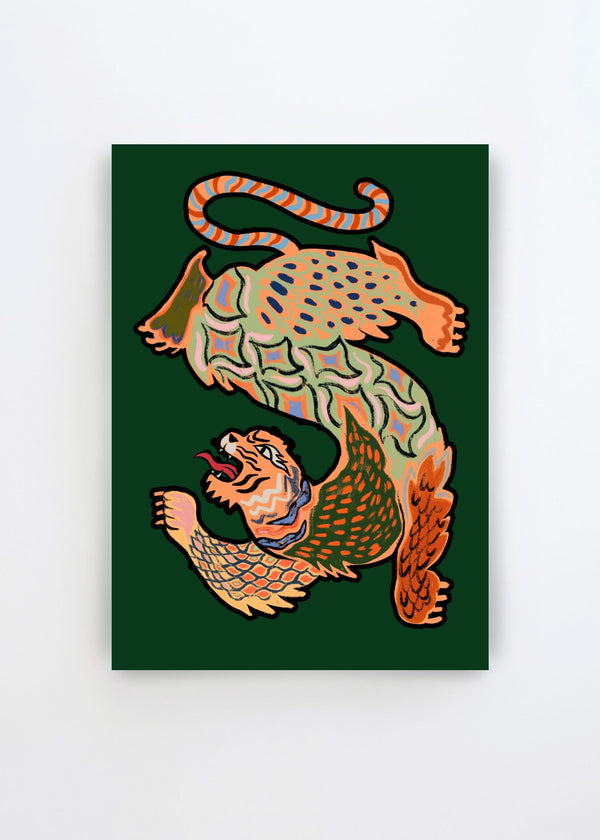 Asiantiger Green by Arty Guava – bold art poster featuring a stylized Asian tiger illustration on a deep green background.