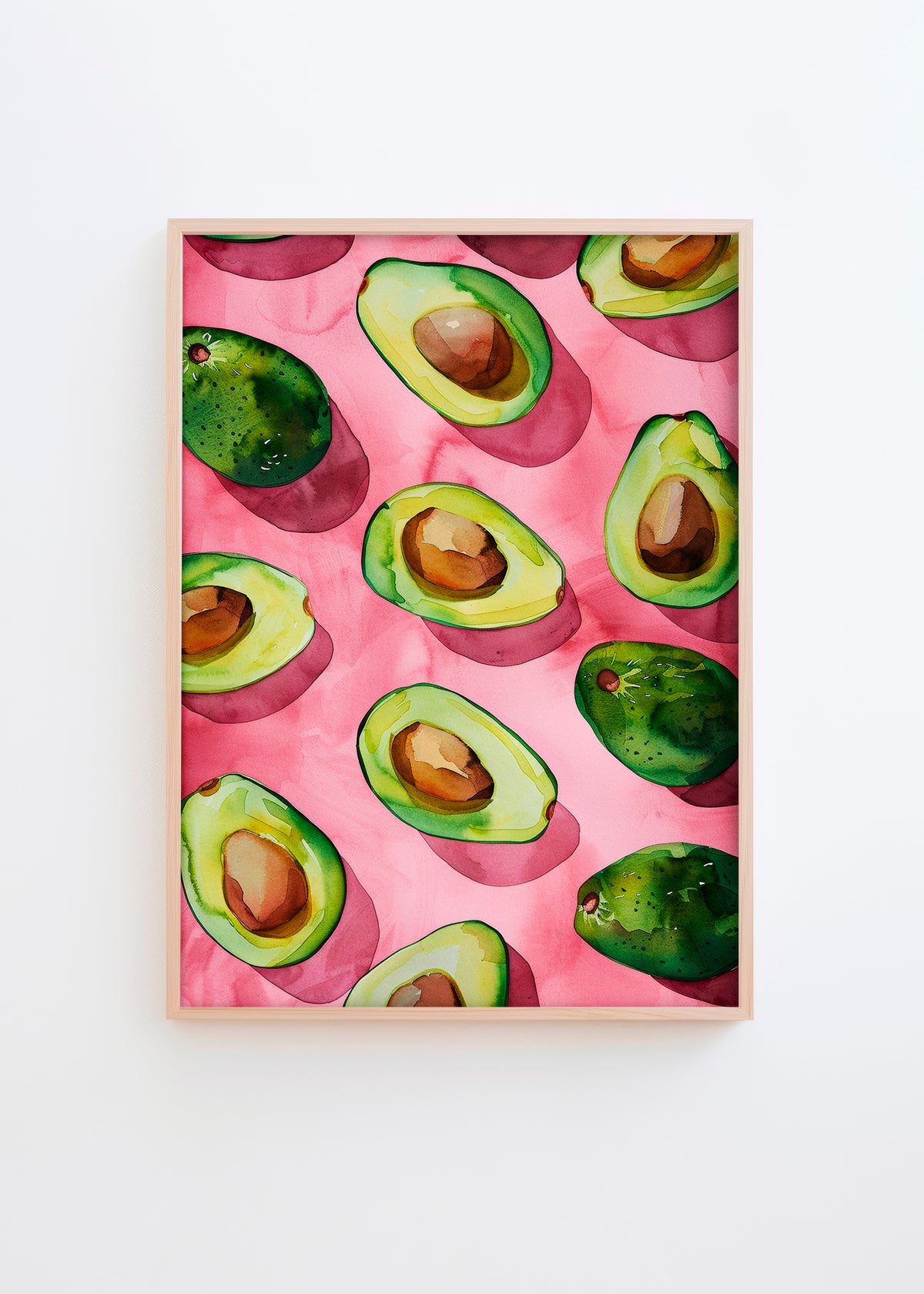 Watercolor poster with green avocado halves on a bold pink background
