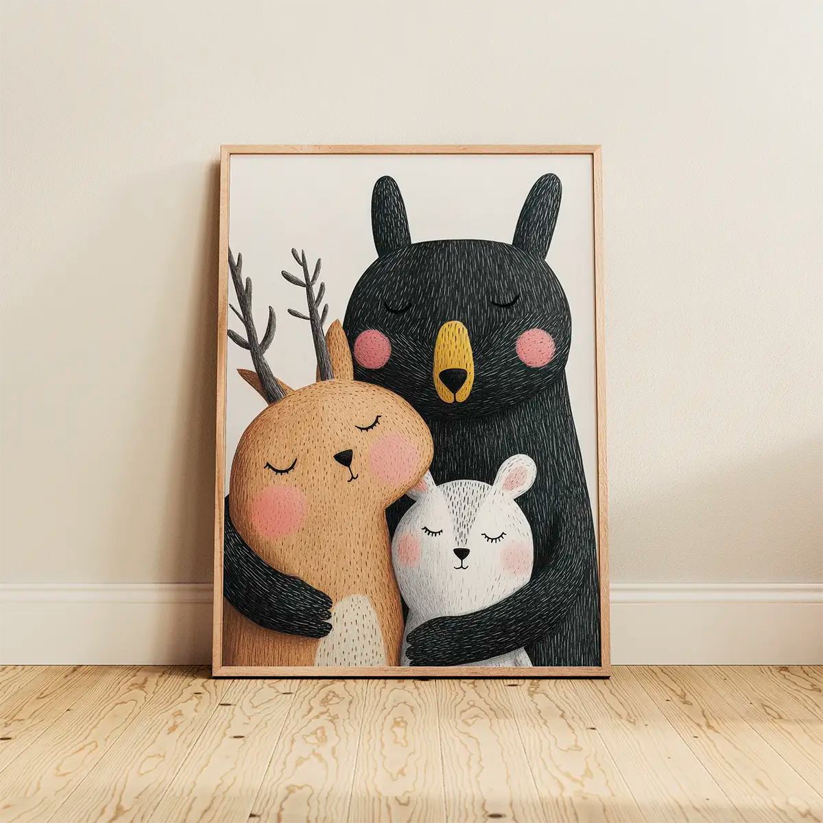 Children’s poster with three cuddling woodland animals — a bear, a deer and a rabbit — shown in a warm oak frame on a wooden floor.