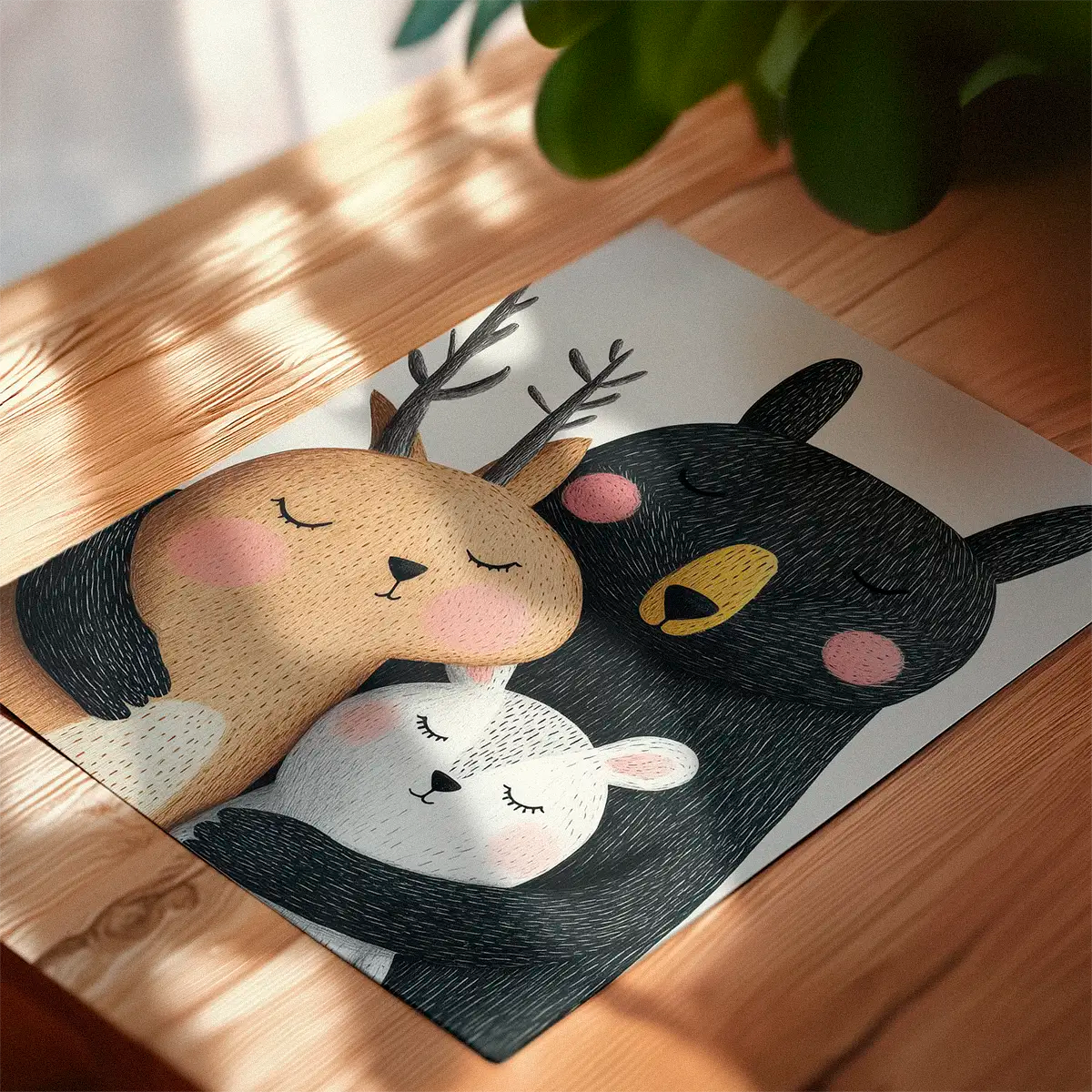 Close-up of the BFF children’s poster with a bear, deer, and rabbit hugging, placed on a wooden surface in warm daylight.