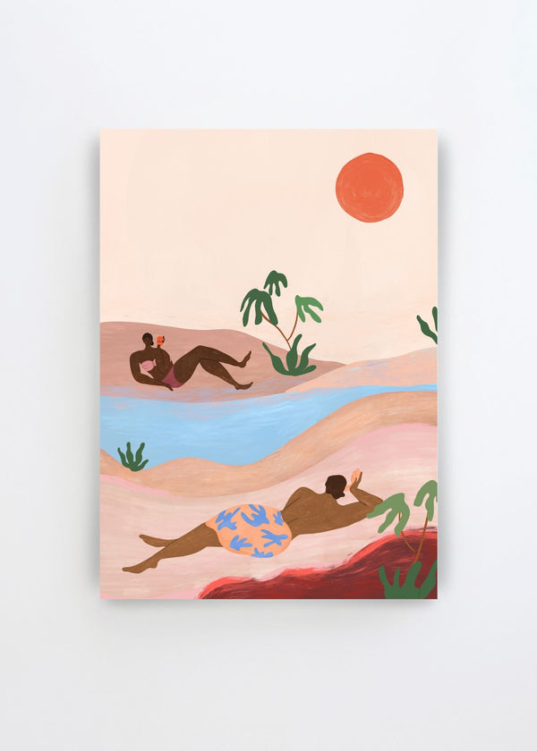 Beach Please by Arty Guava – colorful art poster with relaxed figures, tropical plants and a dreamy beach landscape in soft pastel tones.