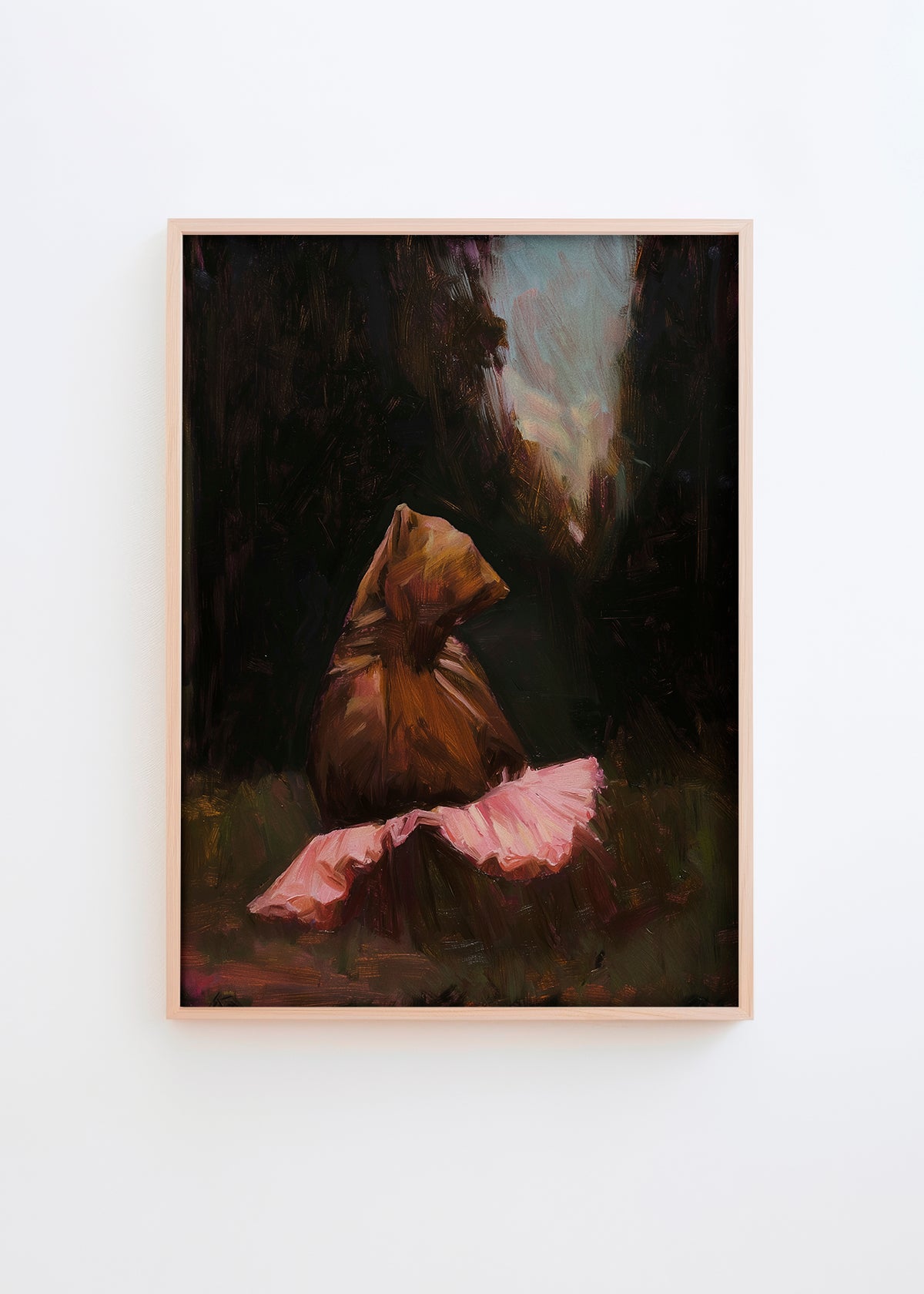 Bear With Me poster featuring a dark brown bear wearing a pink ballet tutu in an atmospheric landscape, framed in natural oak.