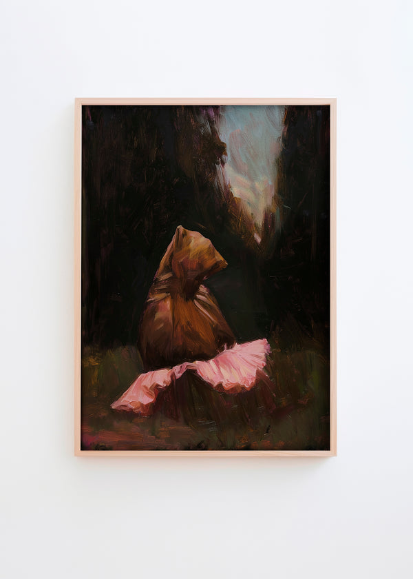 Bear With Me poster featuring a dark brown bear wearing a pink ballet tutu in an atmospheric landscape, framed in natural oak.