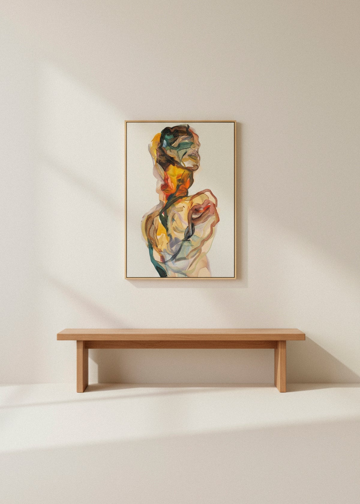 Beautiful Creature canvas hanging above an oak bench in a minimal Scandinavian hallway. Warm abstract portrait adding character to neutral décor.