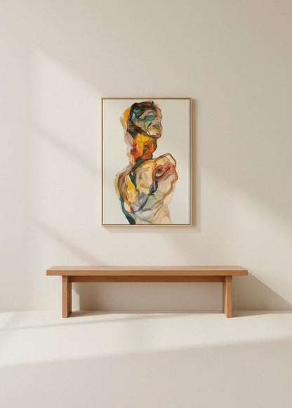 Beautiful Creature canvas hanging above an oak bench in a minimal Scandinavian hallway. Warm abstract portrait adding character to neutral décor.
