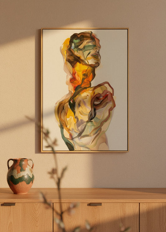 Beautiful Creature canvas on a beige wall illuminated by warm evening sunlight. Atmospheric abstract wall art perfect for calm, modern interiors