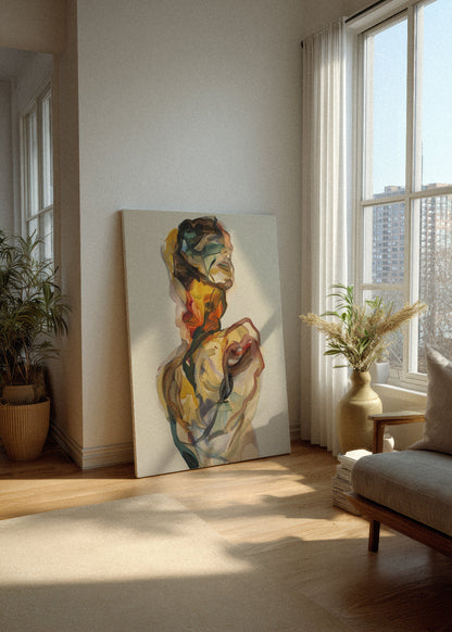 Beautiful Creature canvas leaning against a wall in a bright Scandinavian living room, with warm natural sunlight, wooden floors, indoor plants, and soft neutral decor.