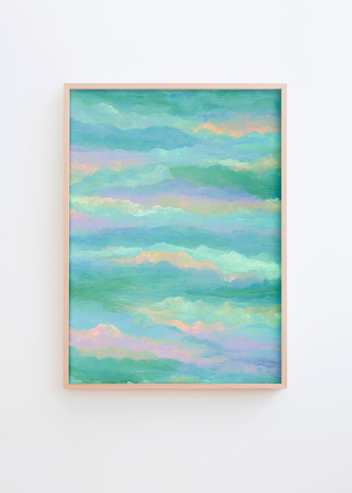 Soft pastel poster with dreamy turquoise and lilac clouds