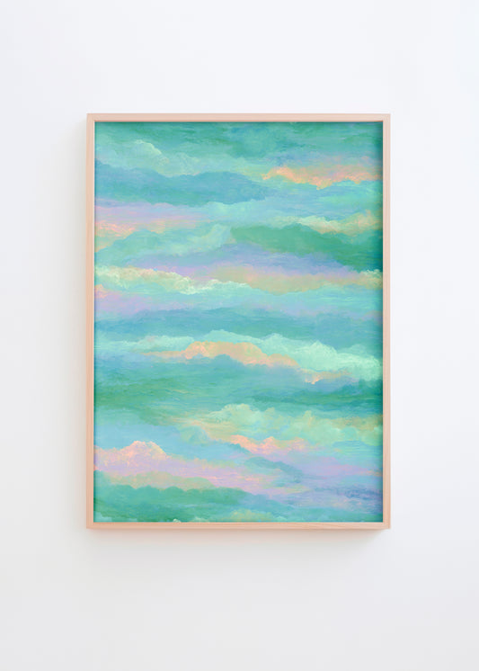 Soft pastel poster with dreamy turquoise and lilac clouds