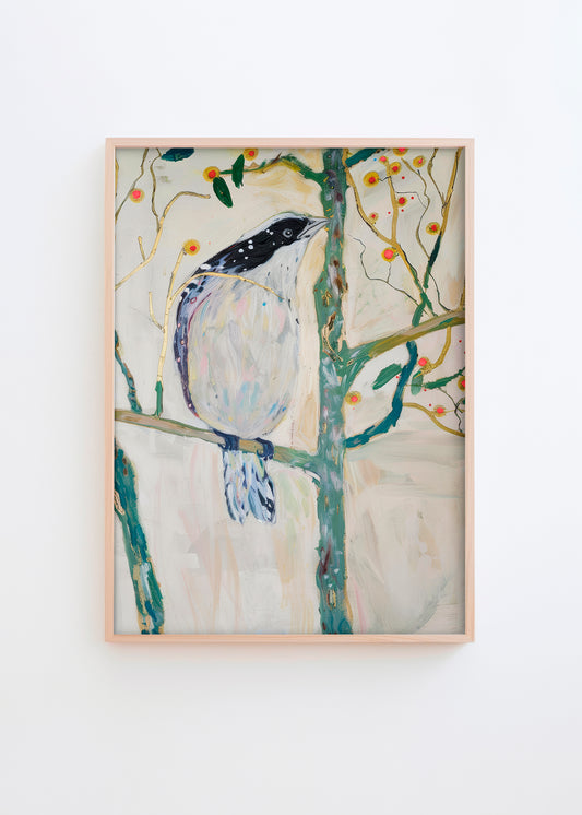 Bird poster with a softly drawn bird on a branch surrounded by gold-lined flowers and natural colors – wall art by HelloPoster