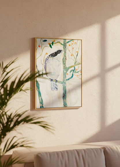 Bird no. 3 canvas print hanging above a sofa in a bright room with natural shadows and beige tones.