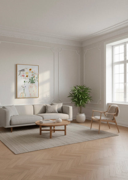 Bird No. 1 canvas print in an oak frame hanging above a light grey sofa in a bright Scandinavian living room with soft natural light and minimalist decor.